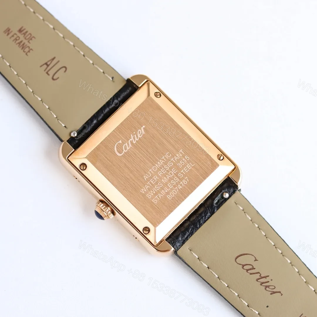 View 4 of KOR Factory Cartier Tank MK3 Women’s Automatic Mechanical Watch – Rose Gold with Diamond Bezel, Black Leather Strap