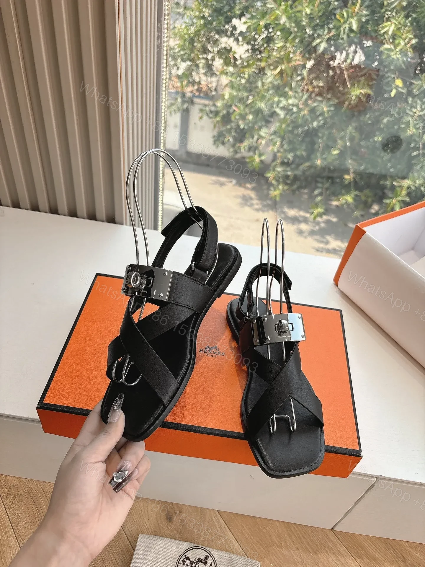 View 6 of Hermes Women Black Leather Strappy Sandals