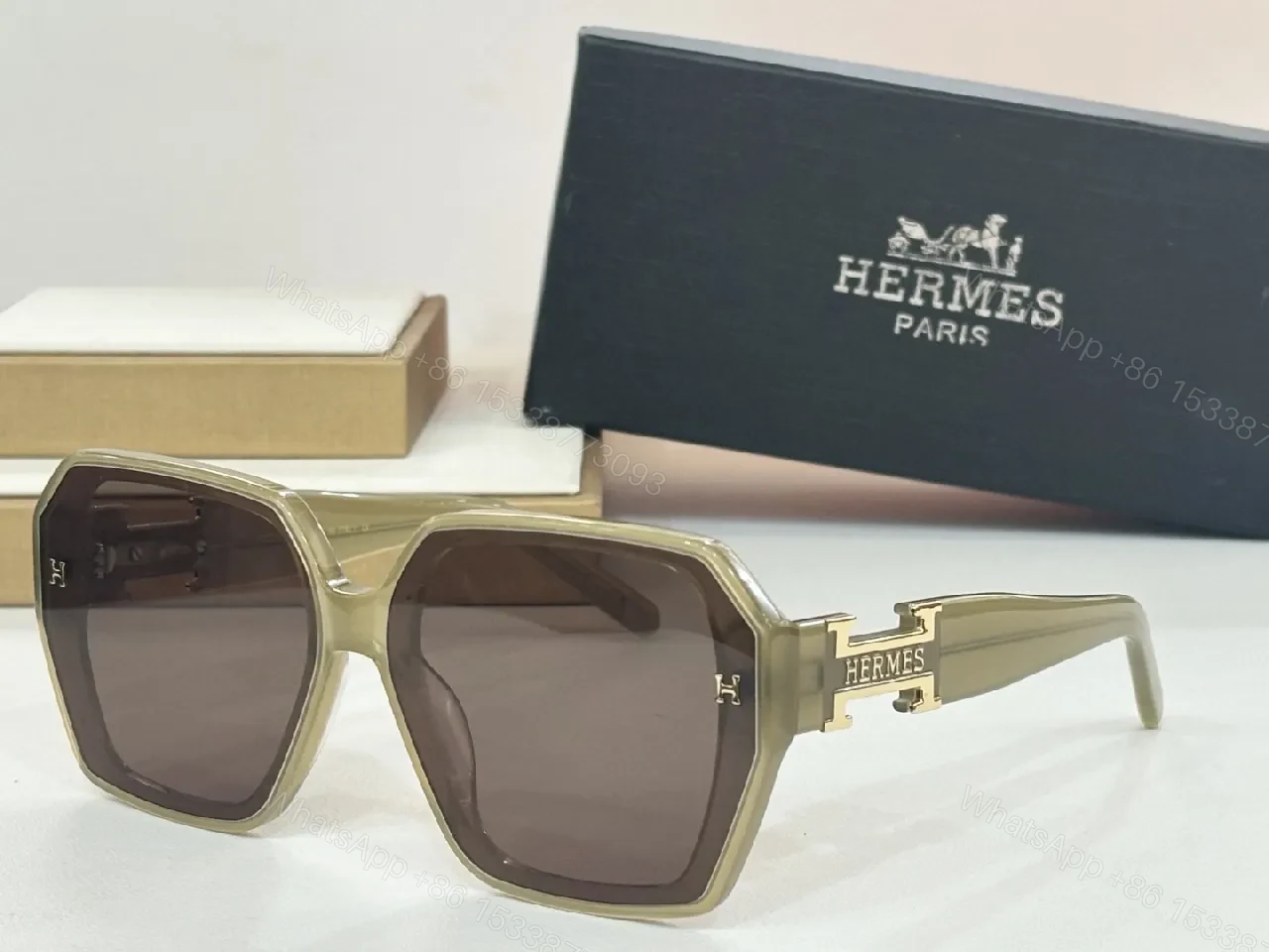 Olive-Gold Geometric Sunglasses with Hermes-Inspired Hardware — view 1
