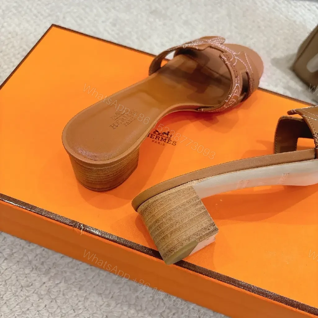 View 2 of Brown Leather Sandals with Signature Stitching Luxury Comfort