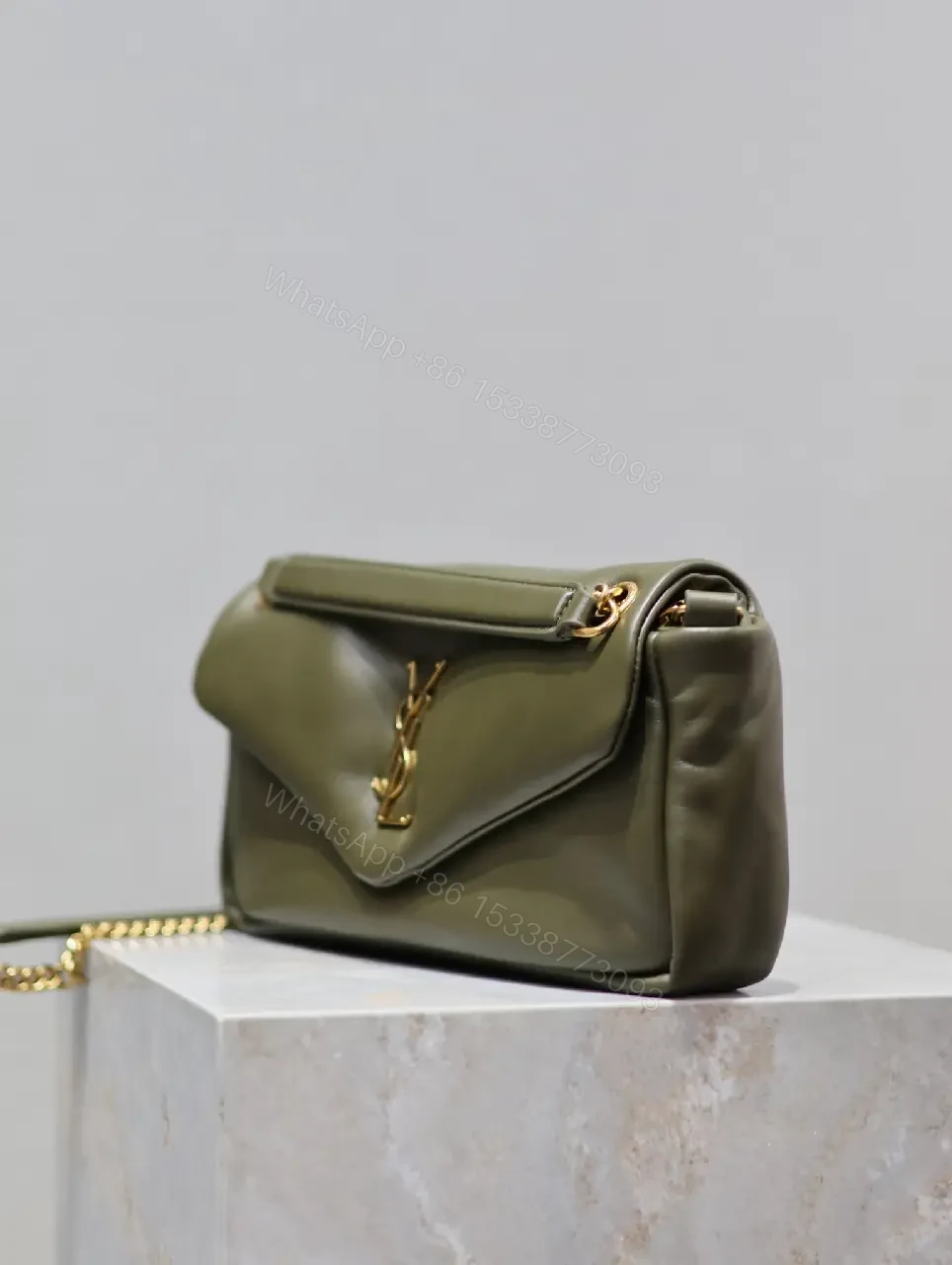 View 10 of Olive Leather Mini Bag: Structured, Gold YSL Logo, Compact Elegance
