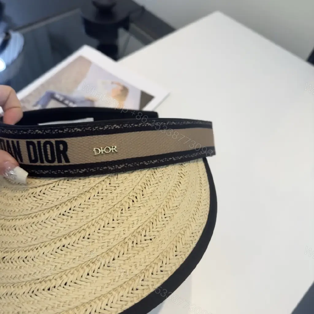 View 7 of Beige Braided Straw Visor Hat with Black Trim and Band