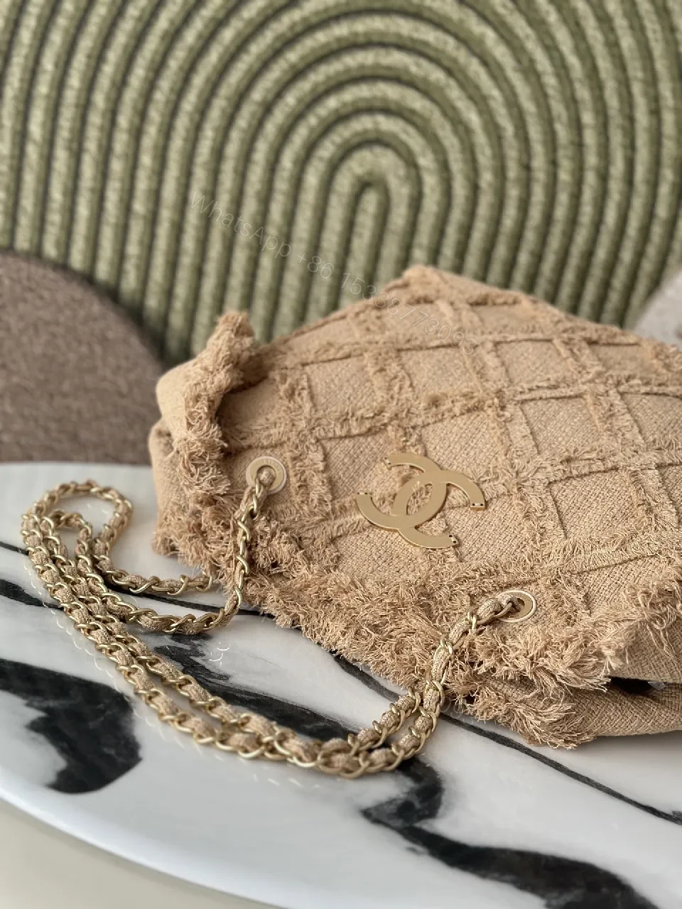 View 8 of Textured Beige Quilted Linen Mini Bag: Distressed Edge Luxury