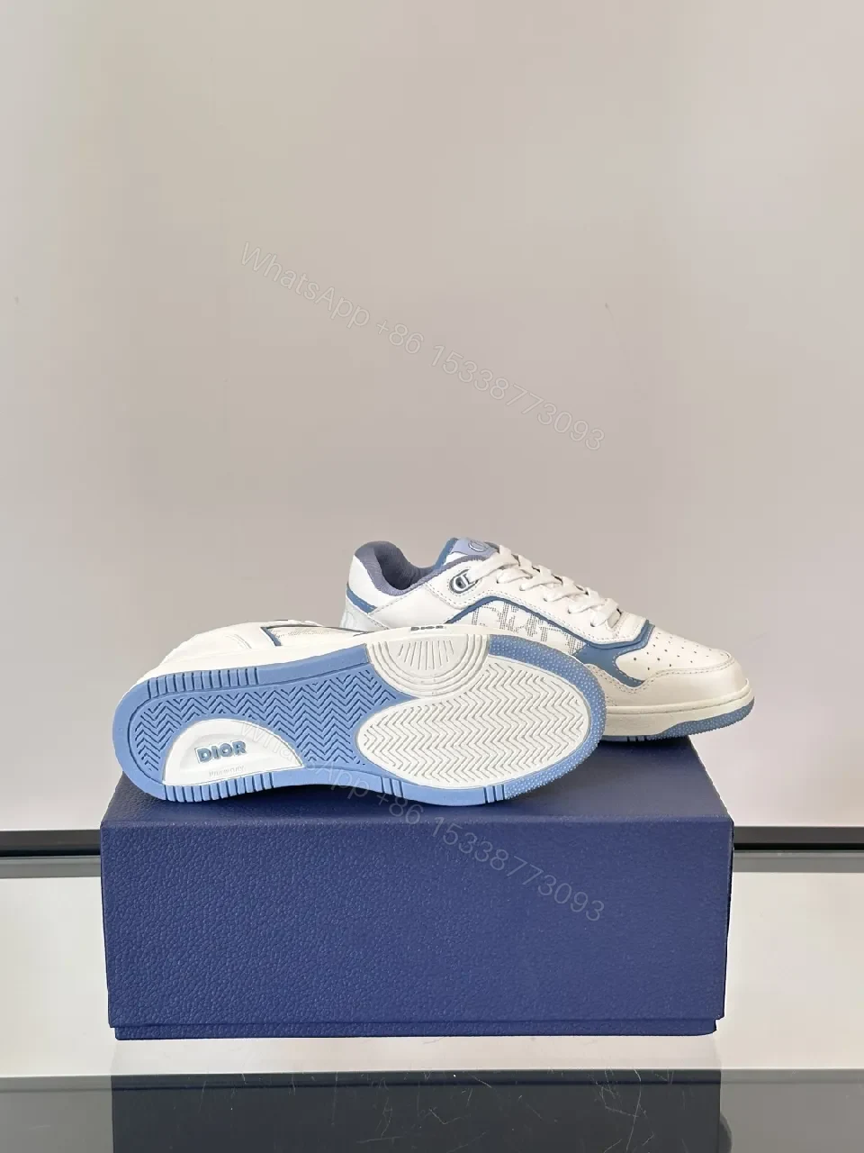 View 9 of White & Sky Blue Leather High-Tops with Subtle Monogram Texture