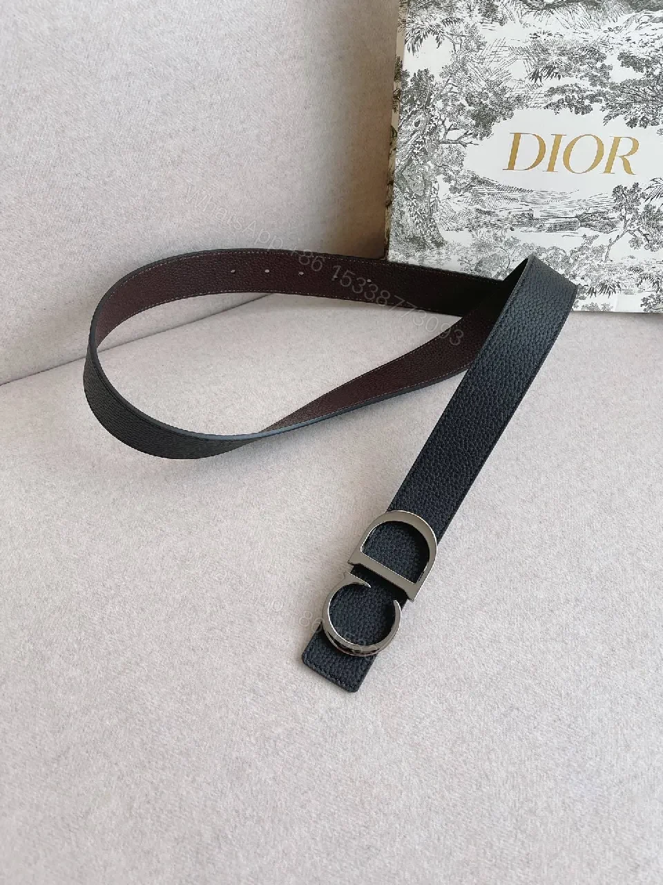 View 6 of Black Leather Belt, Double-Hardware Buckle, Slim Style Belt