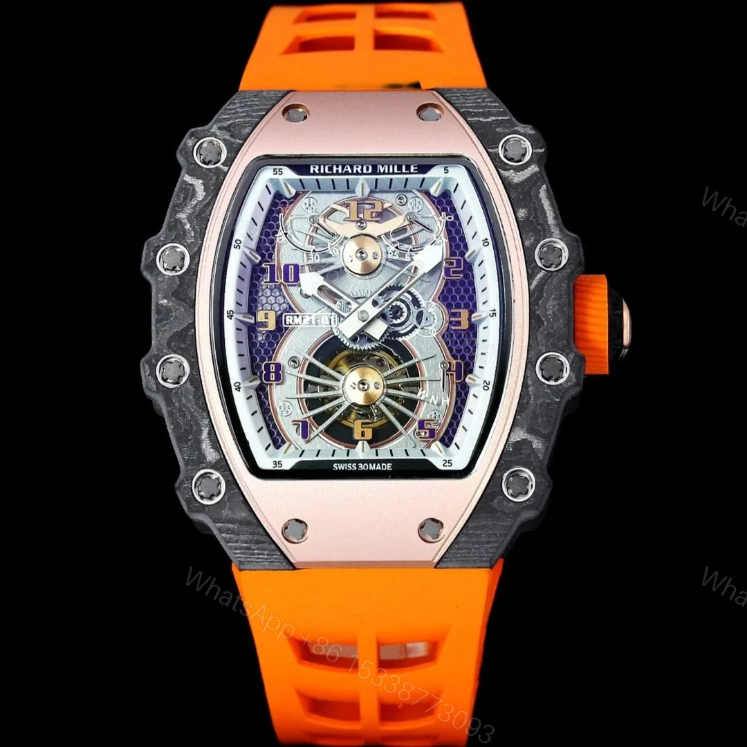 View 2 of Richard Mille RM21-01 Automatic Skeleton Watch 40MM Carbon Fiber Case Orange Strap Aerospace Structure 20 Keyway Screws Premium Edition RM-RM21-01-CF-ORG-SKL-40