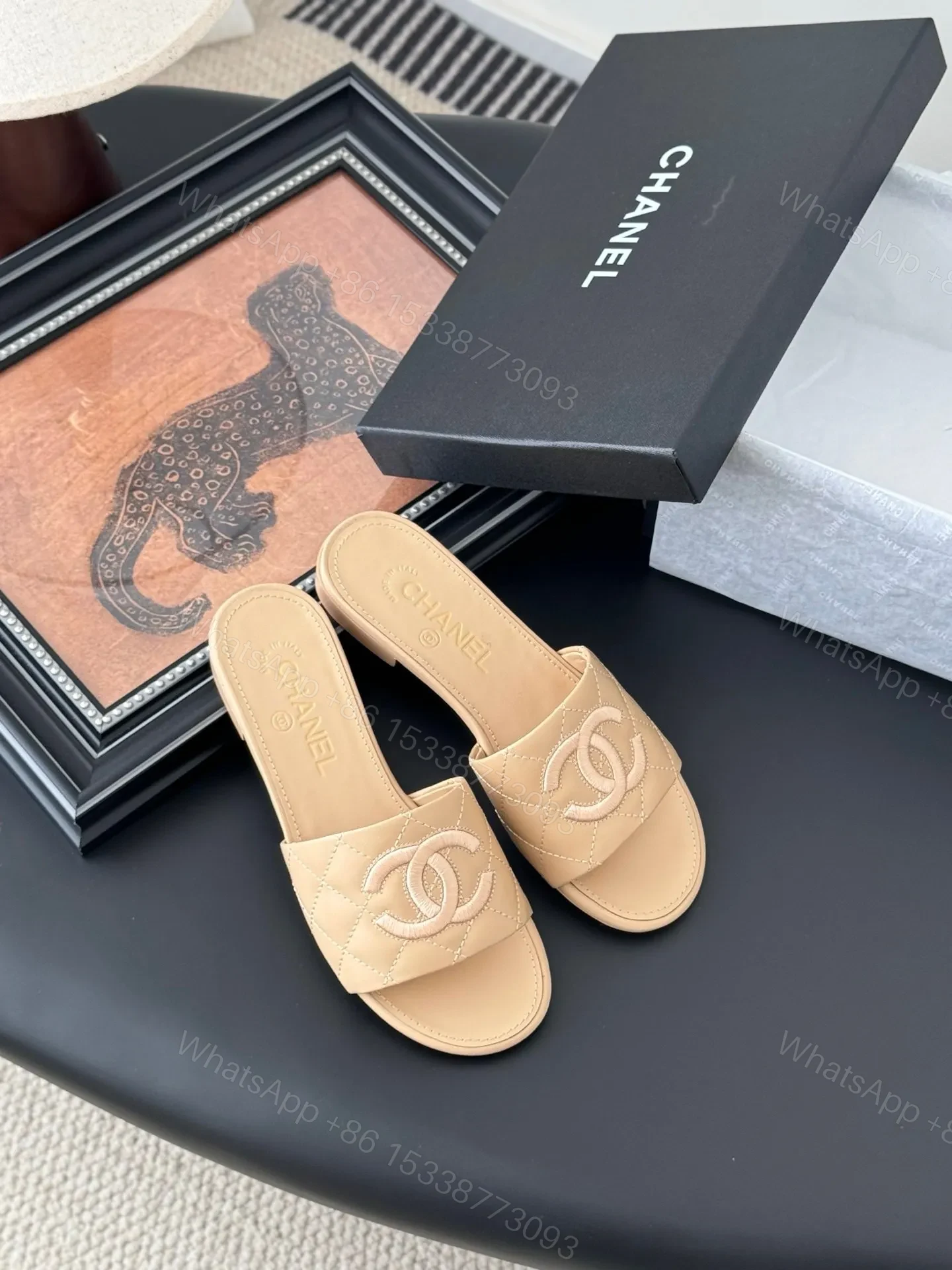 View 6 of Chanel Women Beige Quilted Leather Slides