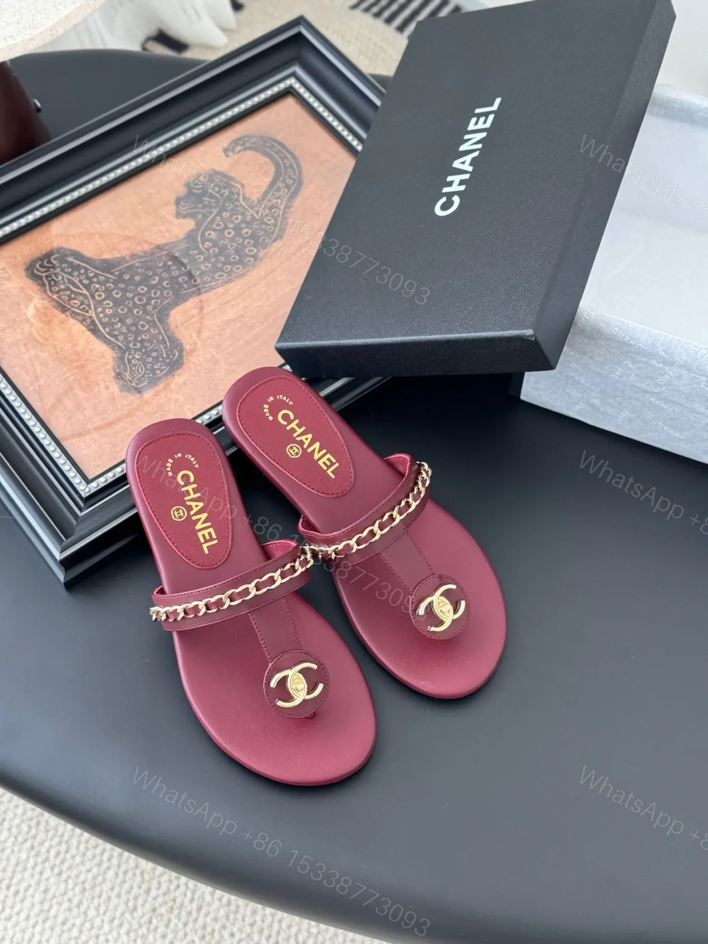 View 2 of Chanel Women Burgundy Leather Chain Detail Slides