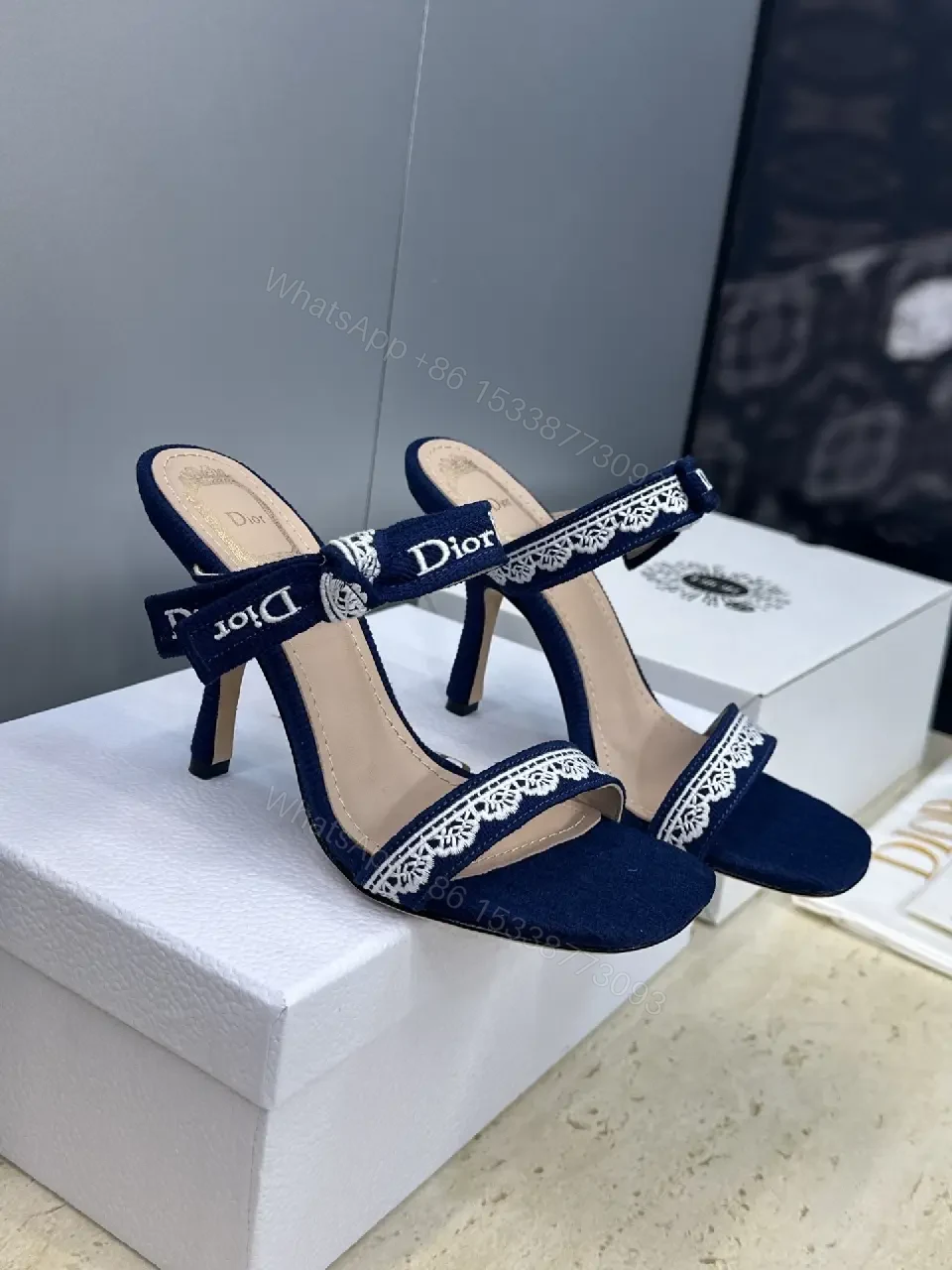 View 5 of Navy Satin Lace-Trim Heeled Sandals - Open-Toe Stiletto