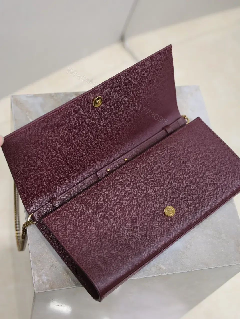 View 5 of Burgundy Leather Structured Shoulder Bag with Gold Hardware