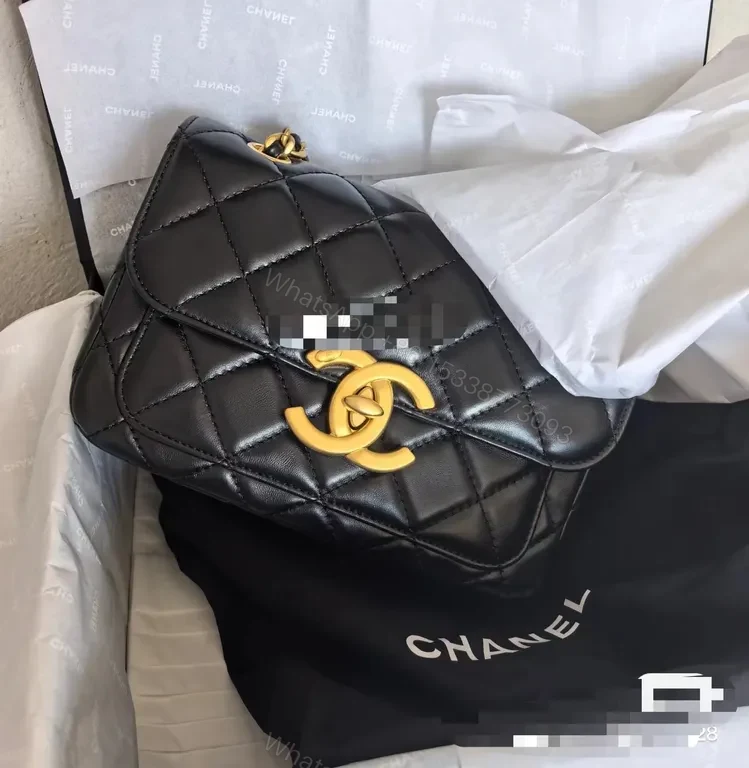 View 8 of Quilted Black Leather Flap Bag with Gold Logo Charm