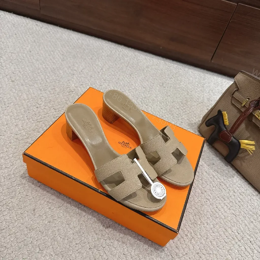 View 7 of Beige Leather Hermes H-Style Slide Sandals