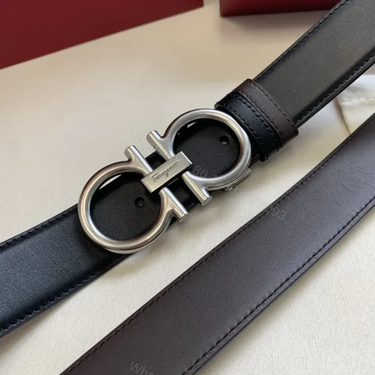 View 6 of Black Calfskin Leather Belt â€” Ferragamo Double Gancini, 3.5cm, Luxury Style