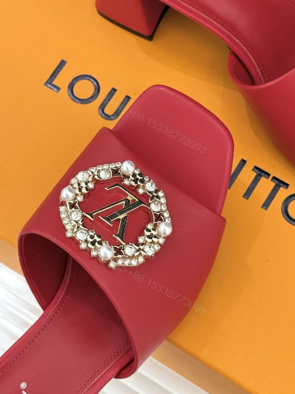 View 5 of Red Satin Luxe Slides with Crystal Buckle - Open-Toe 2-Inch Heel