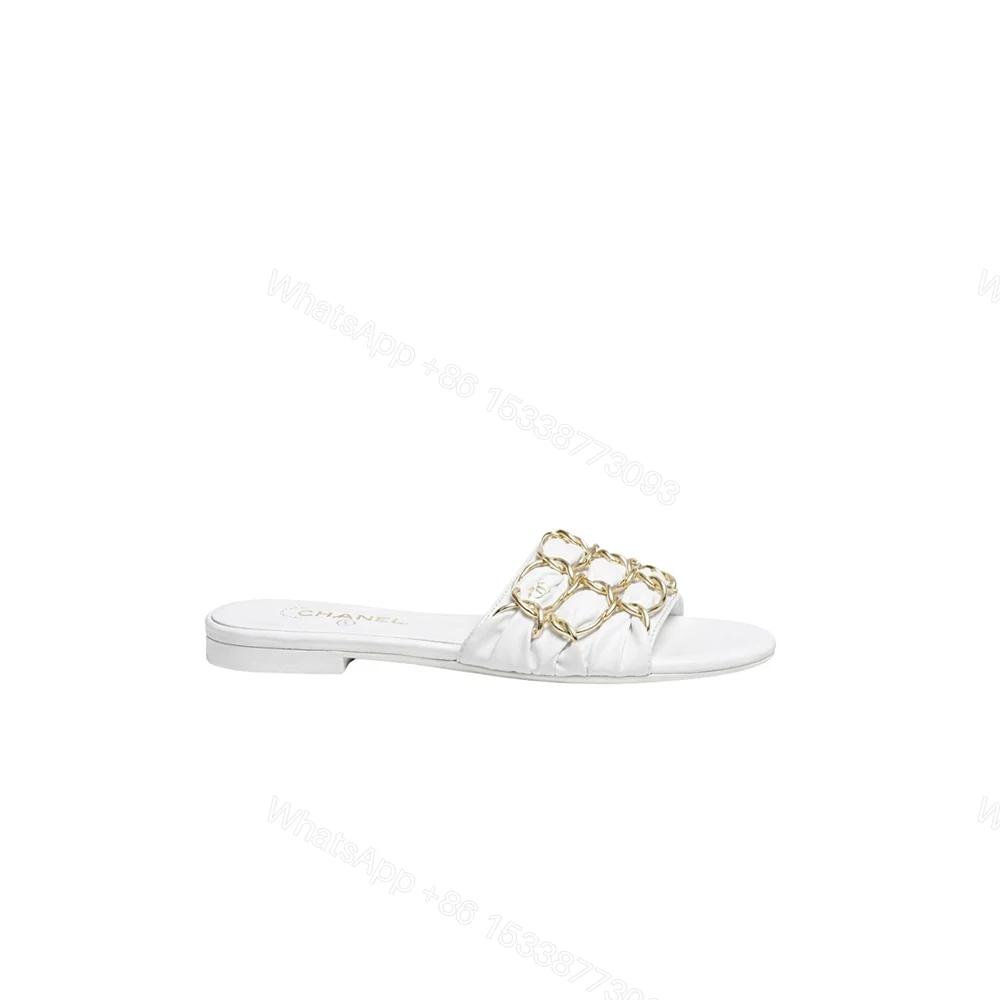 Chanel Slide Sandals Gold Chain White — view 1