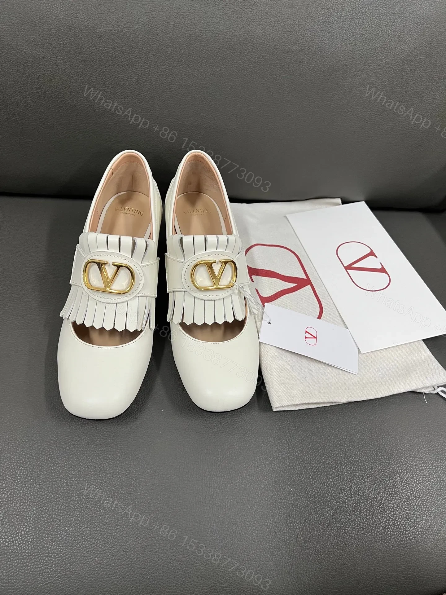 View 3 of Valentino Women White Leather Fringe Detail Pumps