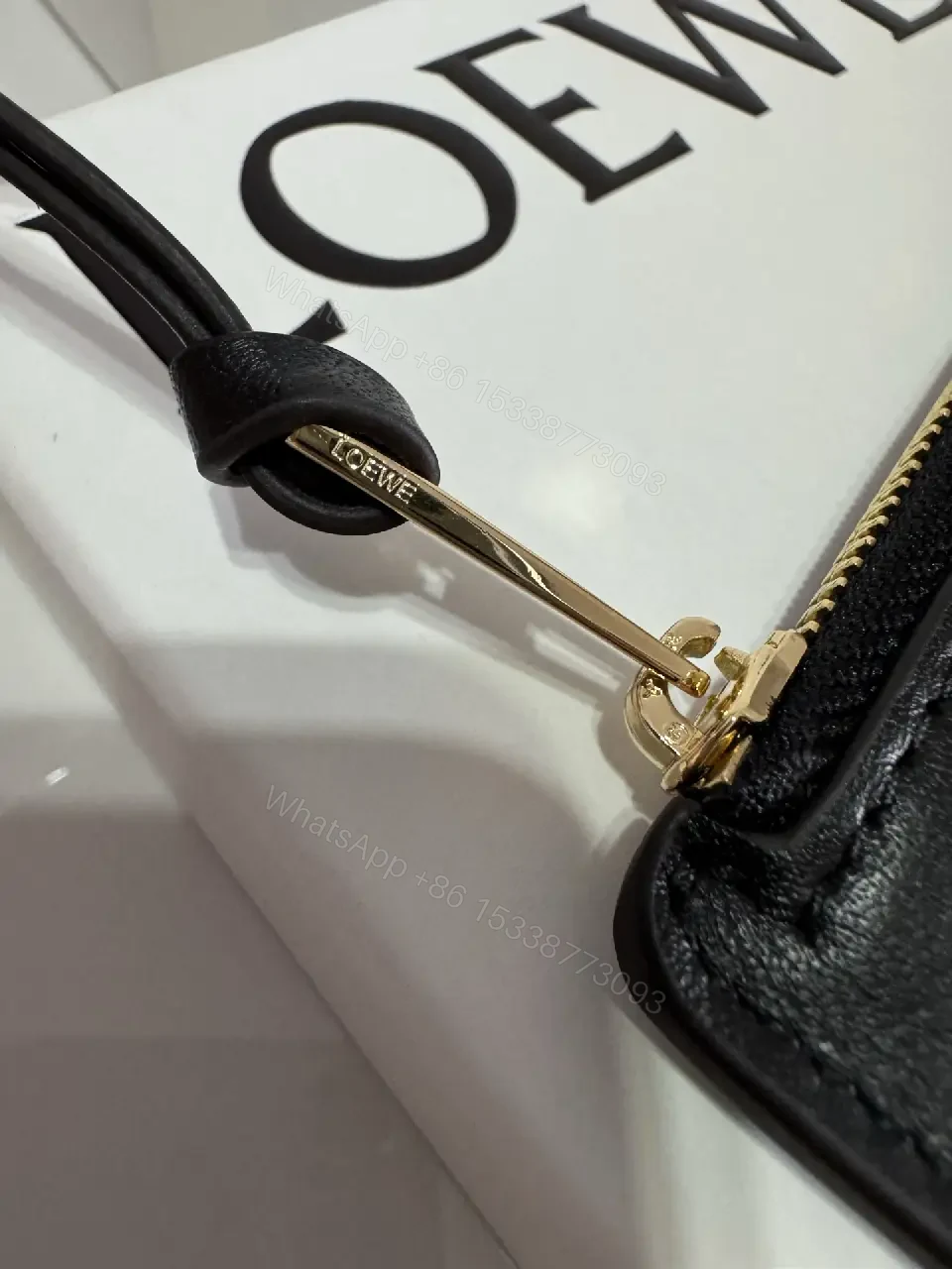 View 7 of Black Leather Color-Block Card Wallet with Gold Zipper and LOEWE Logo
