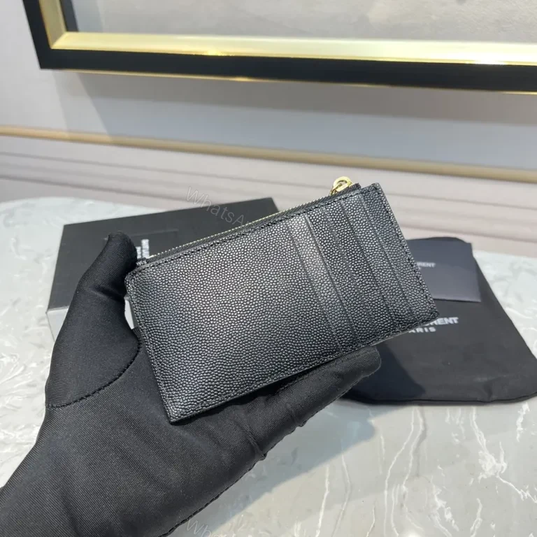 View 5 of Quilted Black Calfskin Wallet - Gold YSL Logo, Slim Profile