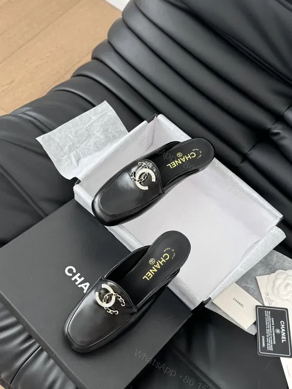 View 5 of Chanel-Inspired Black Leather Slip-Ons with Signature Hardware