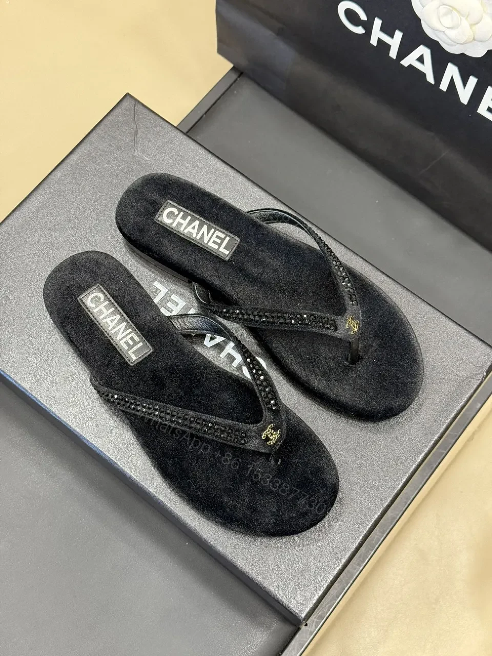 Black Suede-Feel Thong Sandals with Crystal Straps - Luxe Casual Footwear — view 1
