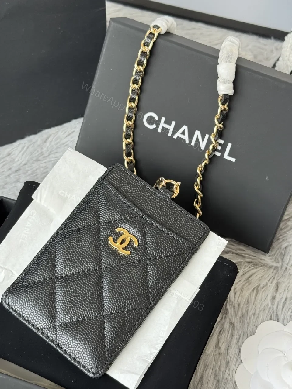 View 4 of Textured Quilted Cardholder with Chain Detail - Compact Luxury