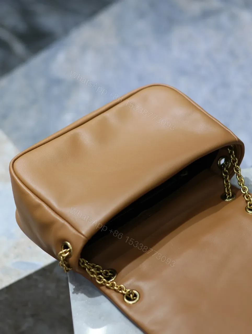 View 5 of Quilted Leather Camel Shoulder Bag with Gold Hardware