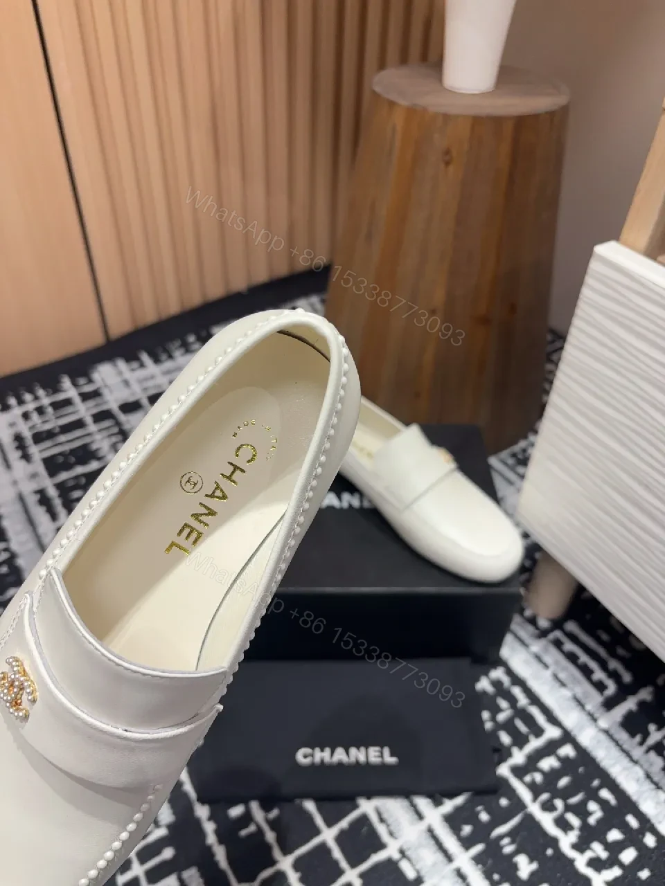 View 5 of Ivory Leather Loafers – Classic Gold Logo, Moccasin Toe