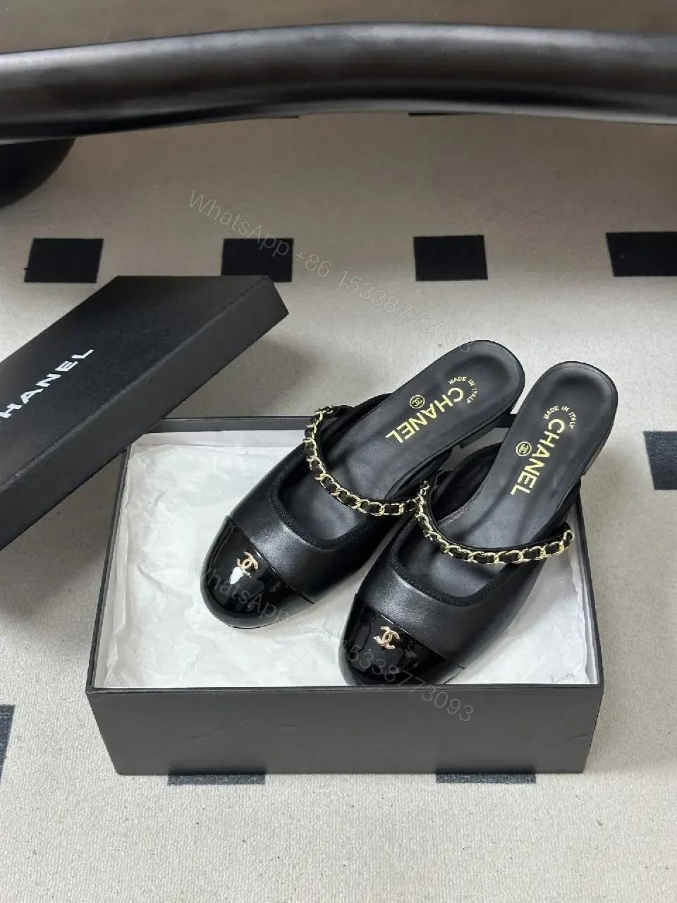 View 6 of Black Leather Flat Mules Chain-Detail Chanel-Style Slippers