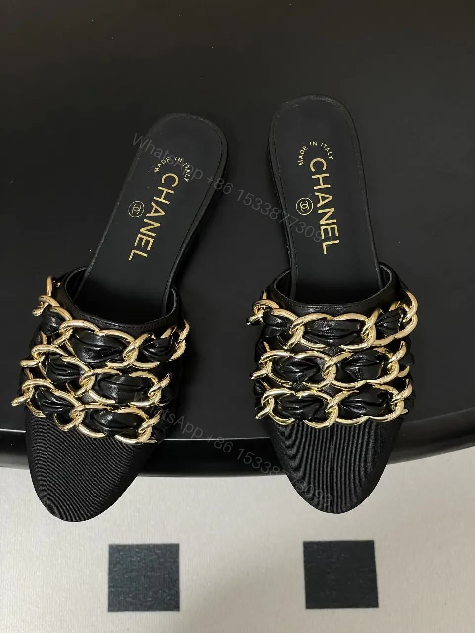 View 5 of Black Satin Mules with Gold Chain Detail - Opulent Everyday Style