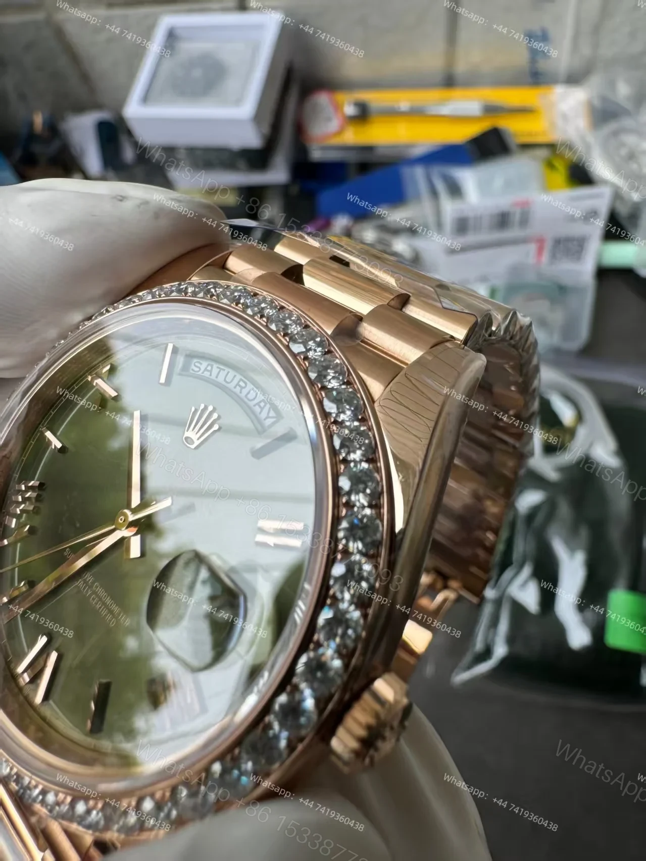 View 5 of Rolex Day-Date M228345RBR-0011 1:1 Replica Olive Green Dial Moissanite Bezel 40MM 3255 Movement Presidential Bracelet Super Clone Watch