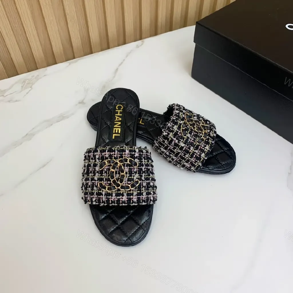 View 3 of Black Tweed Chain Slides Quilted Leather Modern Chanel Logo Sandals