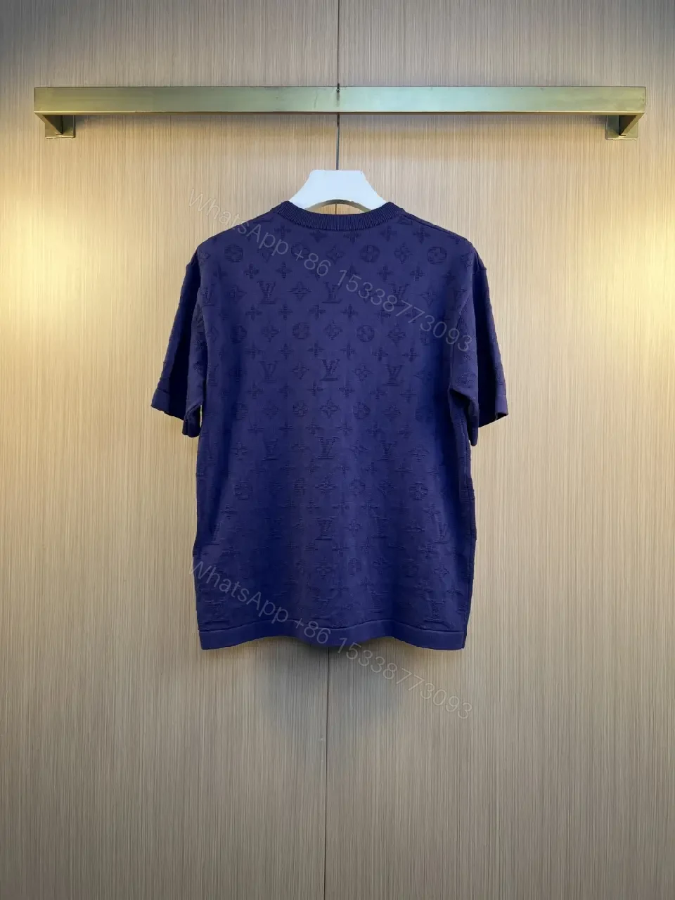 View 6 of Royal Blue Knit T-Shirt with Tonal LV Pattern, Crew Neck