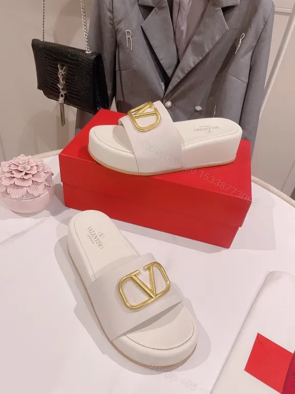 View 9 of Valentino-Style White Leather Slides with Gold Logo Buckle