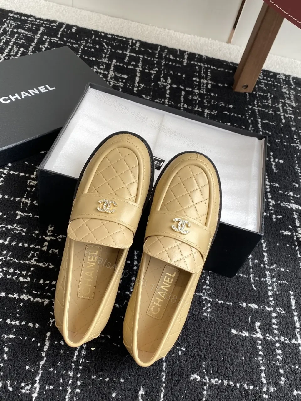 View 9 of Cream Quilted Leather Loafers with Gold Emblem – Everyday Luxury