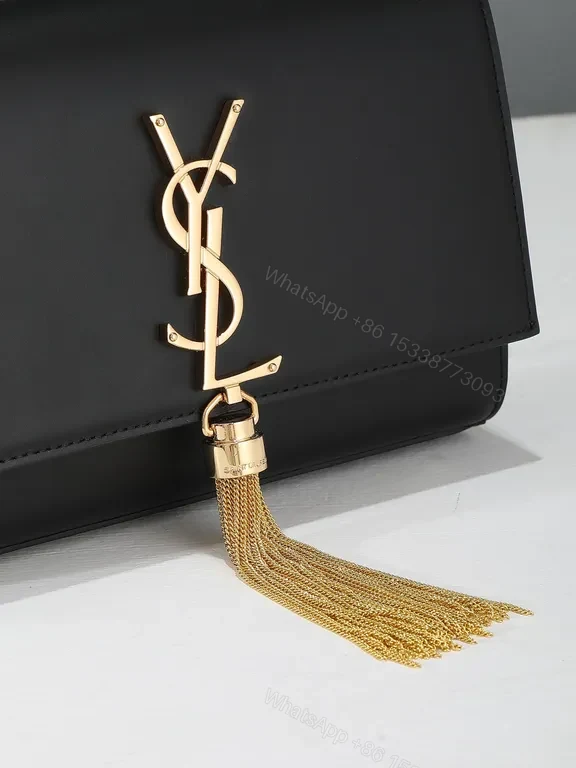 View 5 of Chic Black Leather Flap Bag: Gold-YSL Monogram, Versatile Luxury