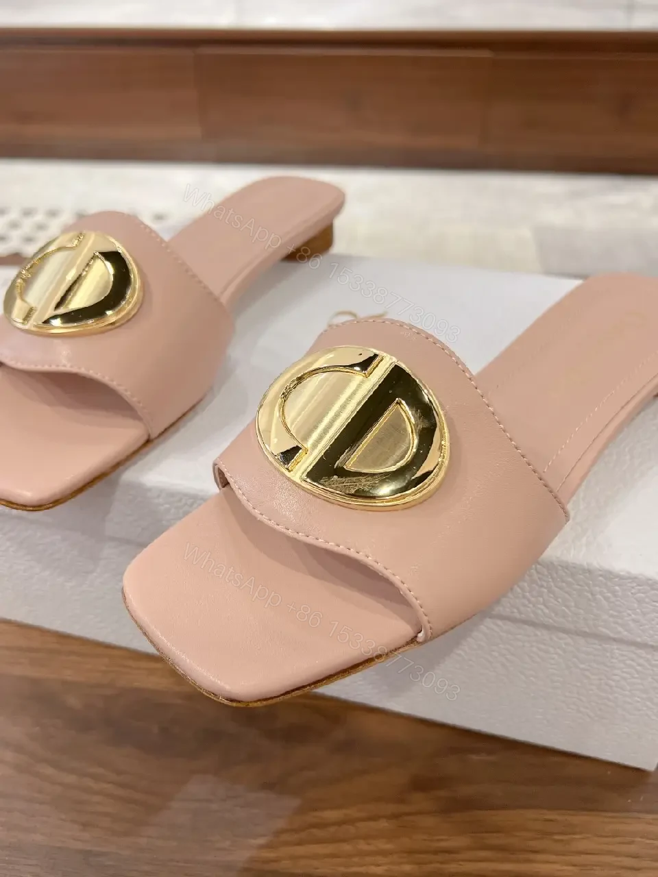 View 8 of Blush Pink Leather Modern Gold Logo Dior Slides