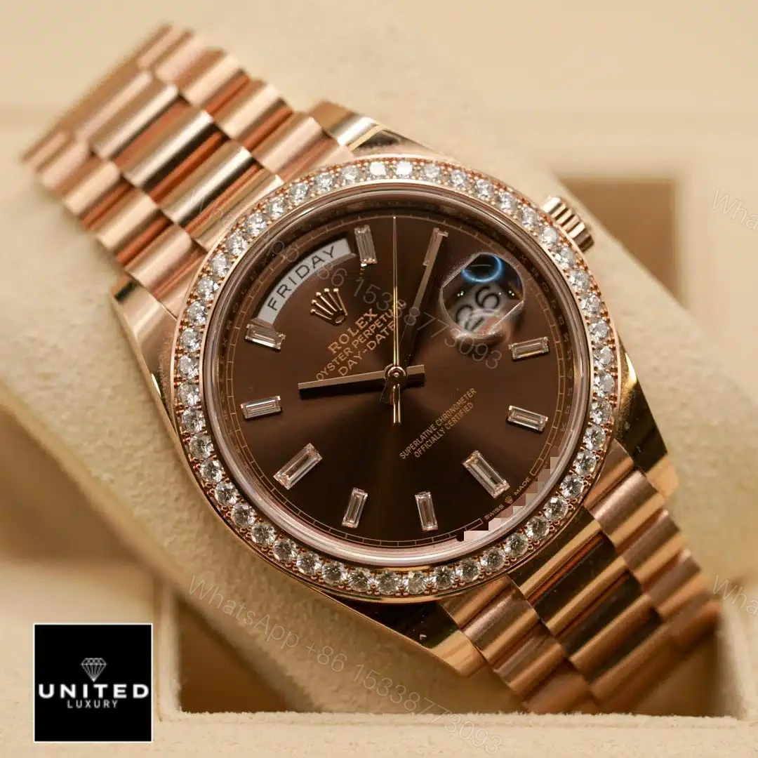 View 7 of Rolex Day-Date 228345RBR Chocolate Dial Diamond Bezel Replica