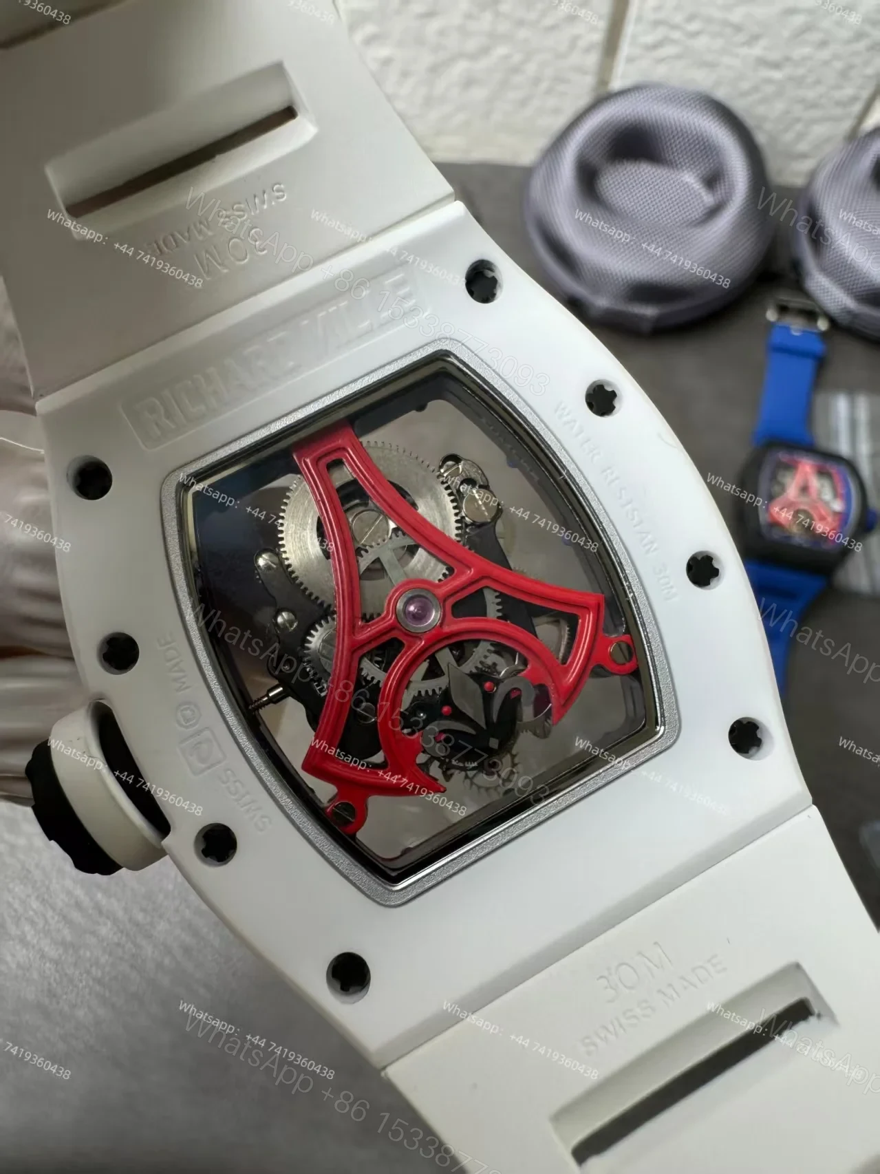 View 3 of Super Clone Richard Mille RM52-03 White Ceramic Paris Saint-Germain Skeleton Tourbillon 1:1 Replica Watch