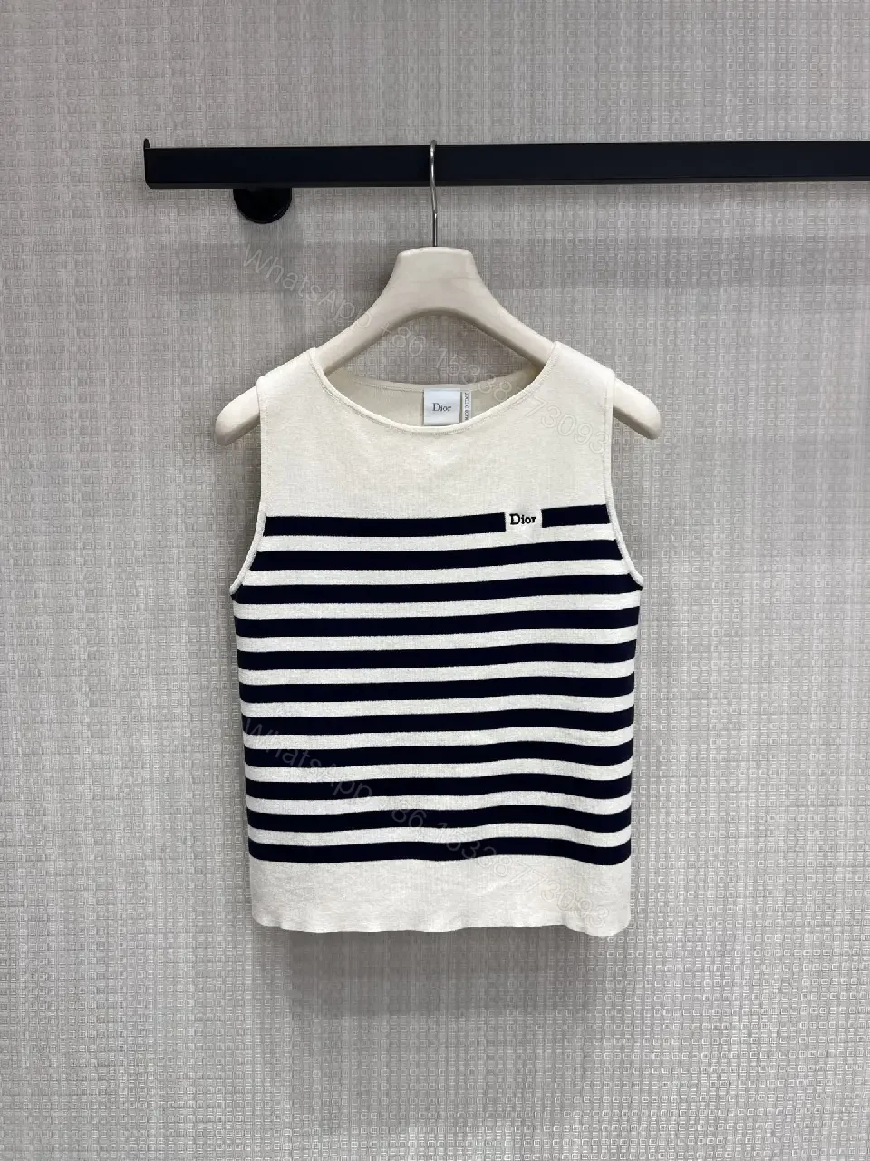 View 3 of White Navy Stripe Sleeveless Knit Tank Top - Dior Logo Patch Upgrade