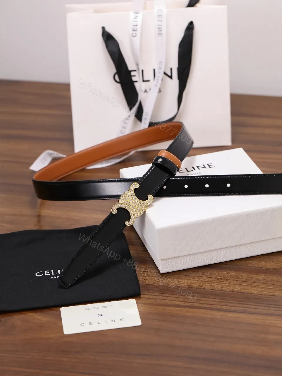 View 9 of Black Leather Belt with Gold Crystal Clasp Belt