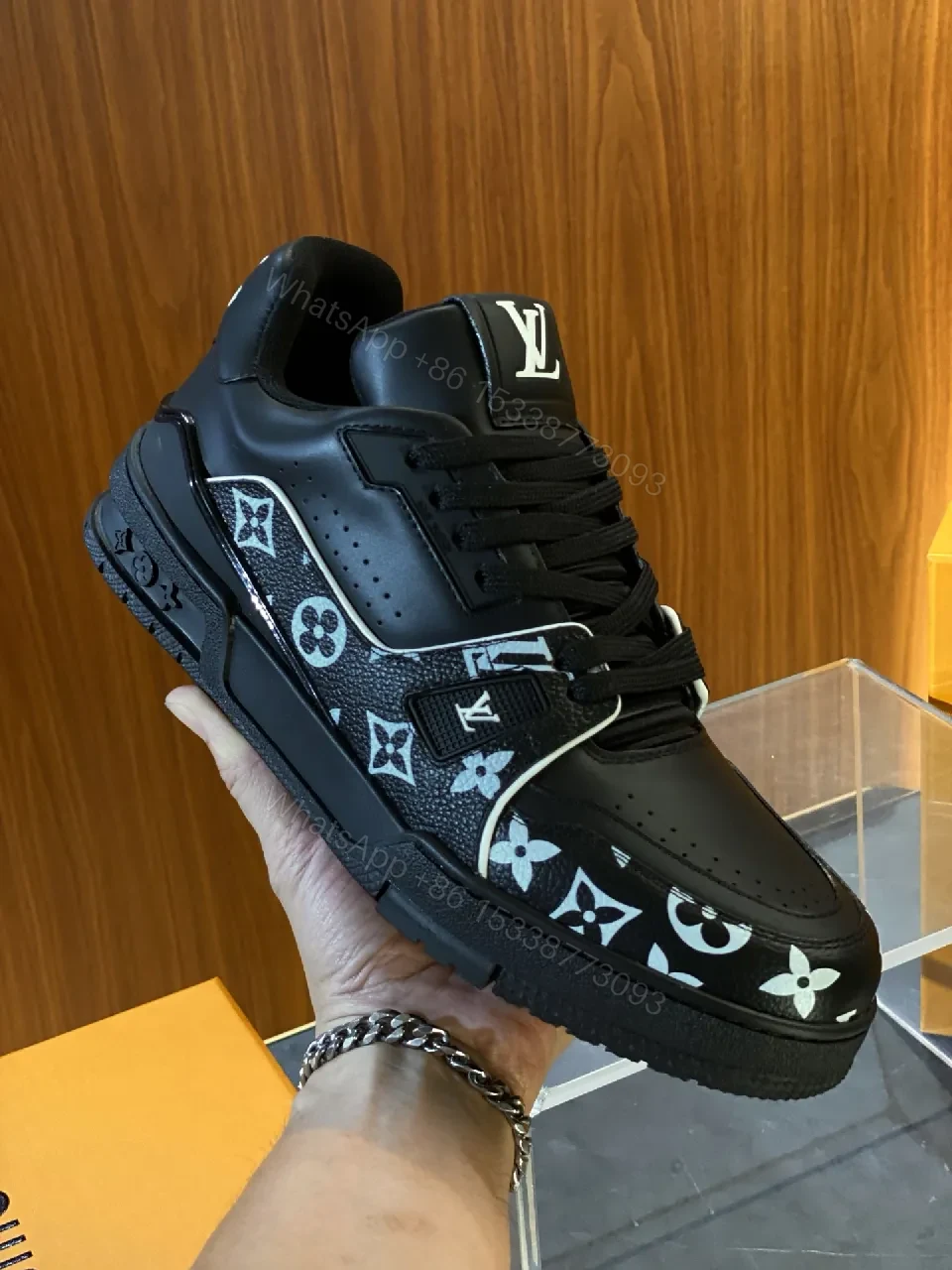 View 2 of Monochrome Leather Trainers with Monogram Piping, Luxury Sneaker
