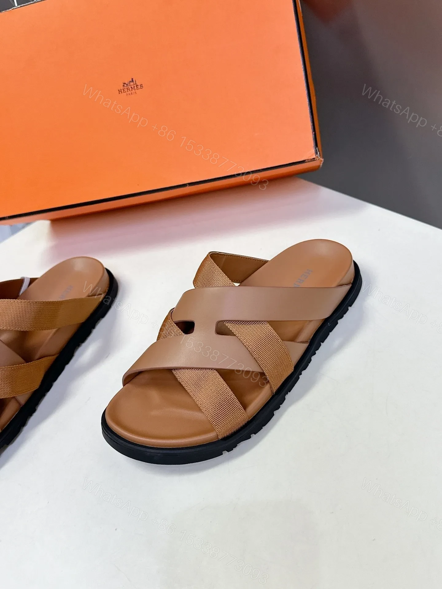 View 4 of Hermes Women Tan Leather And Fabric Sandals