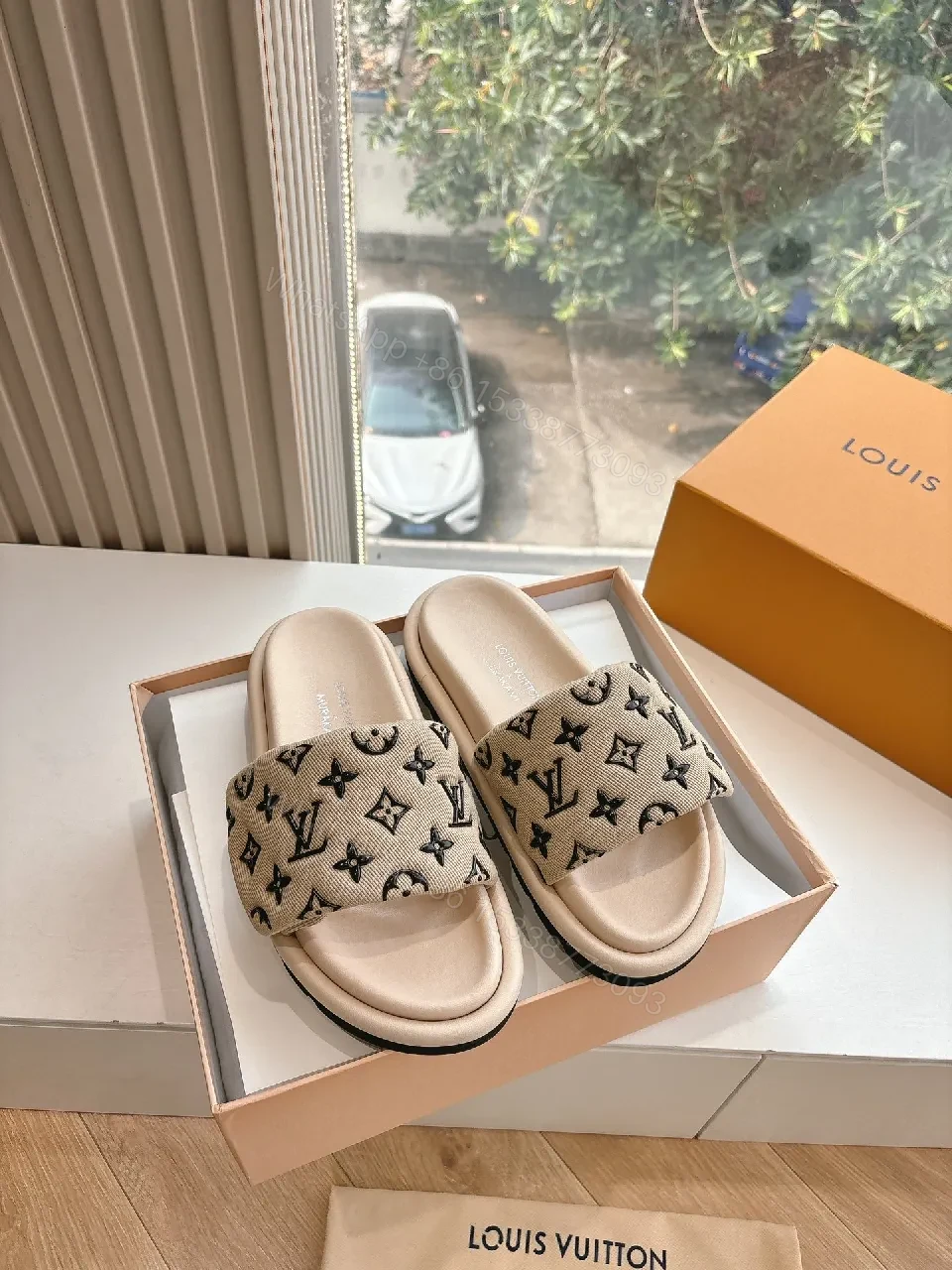Beige Monogram Sandals: Luxury Comfort Slip-Ons — view 1