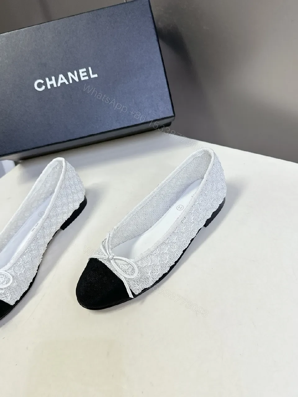 View 7 of White Lace Satin Flats + Black Toe Cap – Luxe Everyday Style