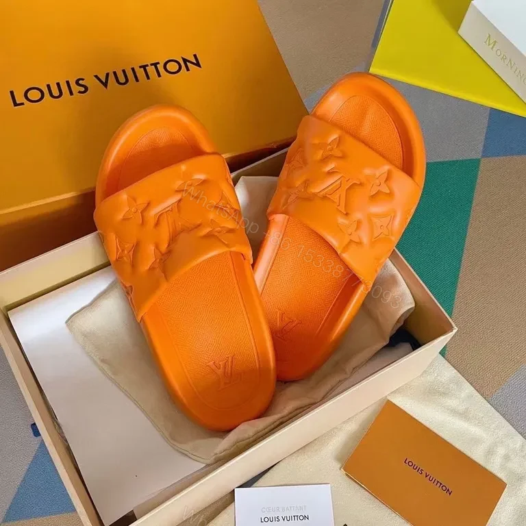 View 5 of Bold Monogram Slides: Orange LV Luxury Comfort Slides