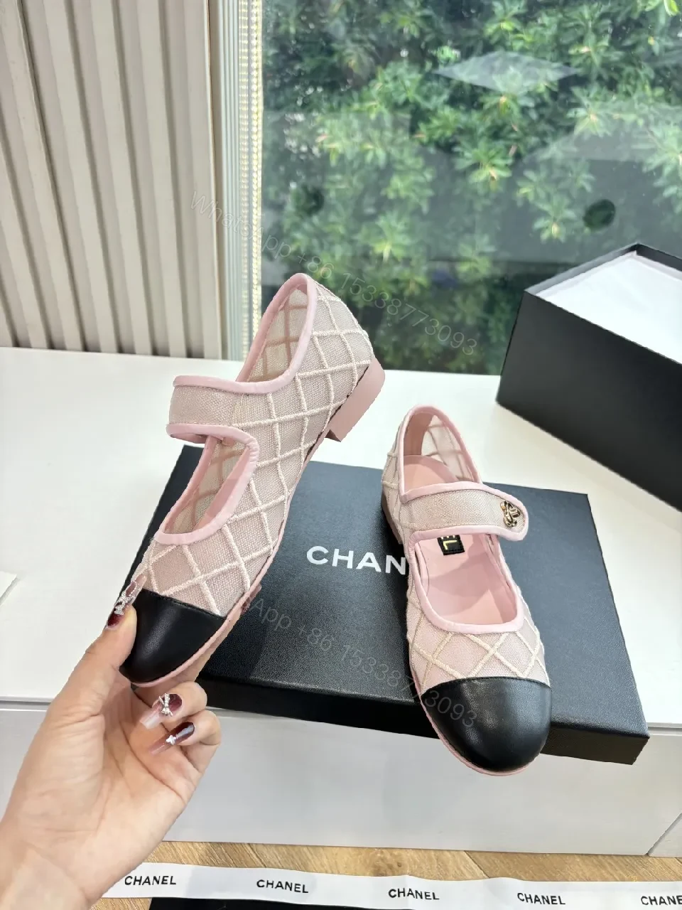 View 9 of Pink Quilted Mary-Jane Flats with Black Cap Toe