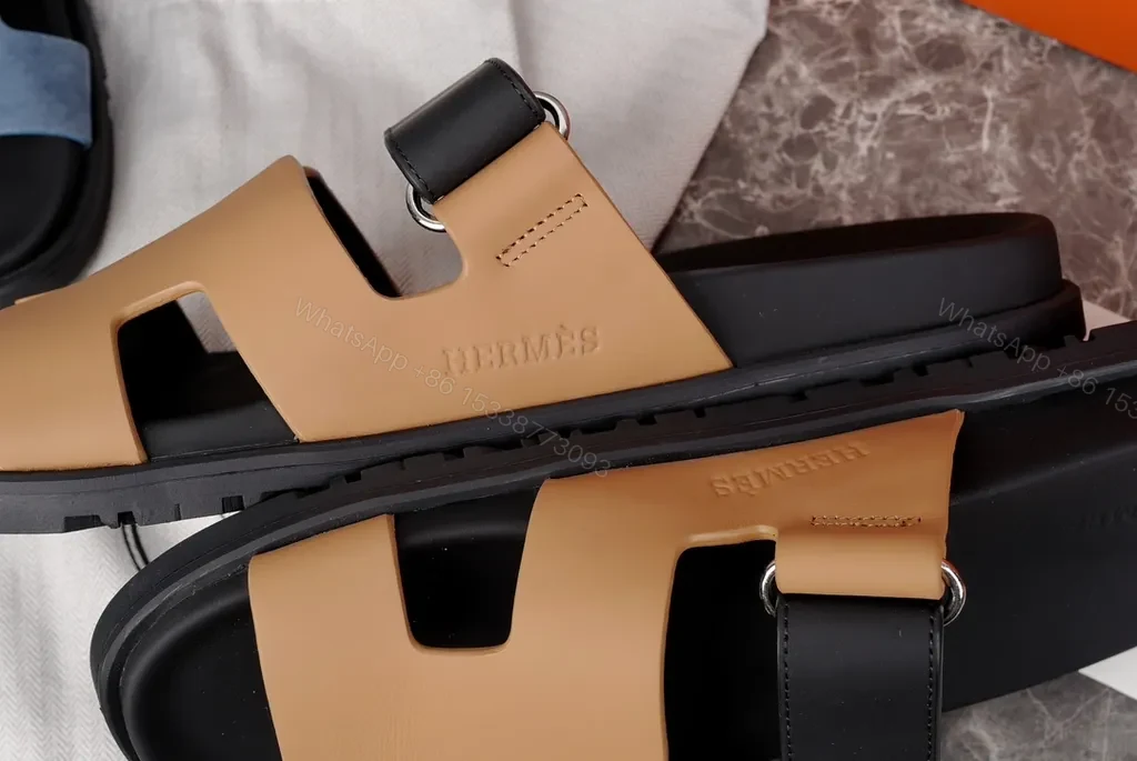 View 6 of Hermes Oran Leather Slides â€” H-Cutout, All-Day Comfort, Black/Tan