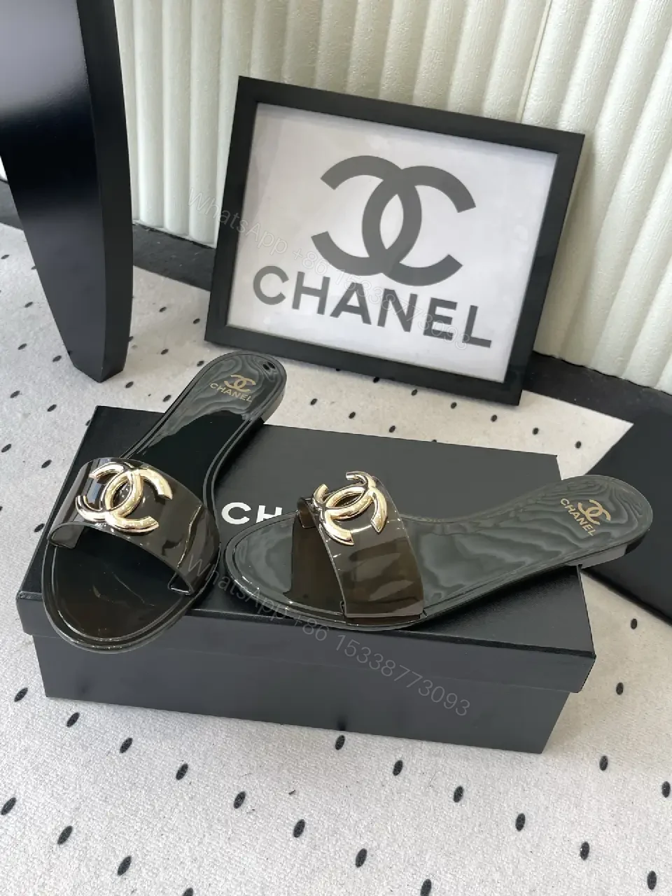 View 3 of Black Patent Leather Slides Gold Chanel Logo - Slide Sandals