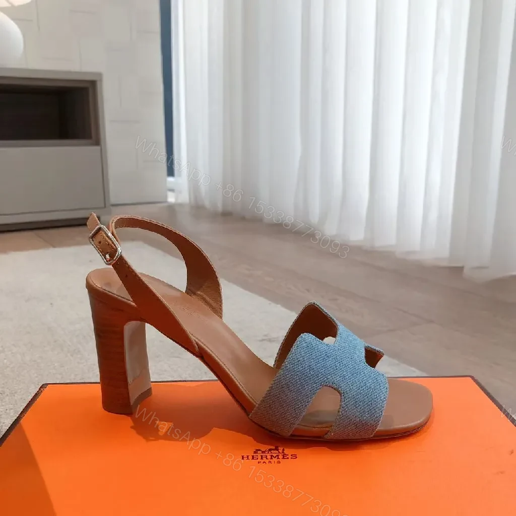 View 5 of Chic Denim-Textured Strappy Sandals with Block Heel