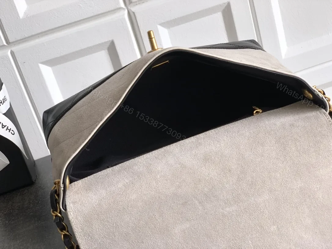 View 4 of Two-Tone Quilted Flap Bag: Gold Hardware Luxury Handbag